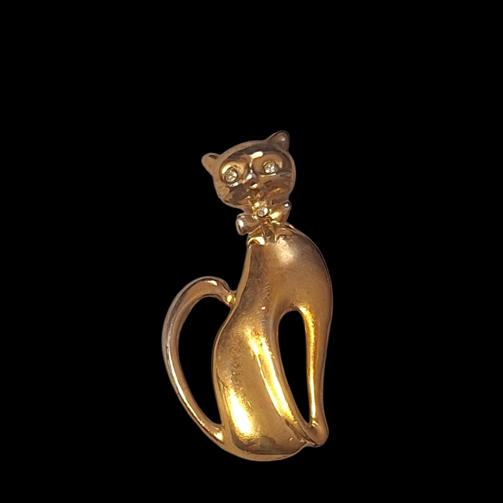 2" Vintage Gold Cat Brooch w/ CZ Eyes - Picture 1 of 4
